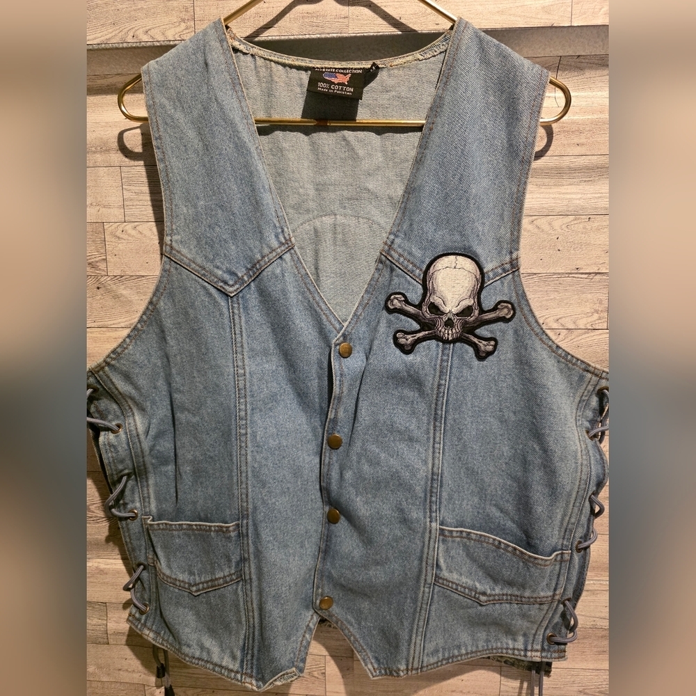 Vintage Denim Skull Patch Vest - Light Blue - Picture 1 of 3